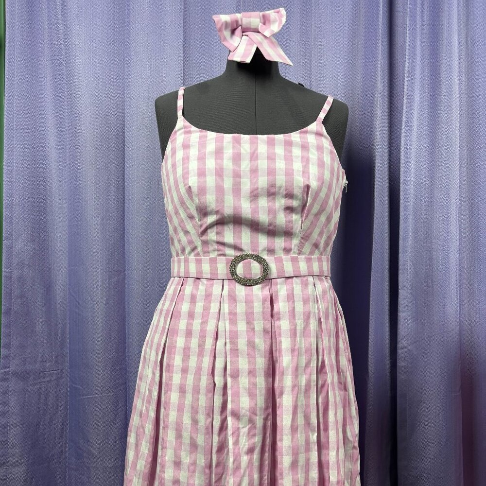 Women’s Pink Gingham Midi Dress with Belt